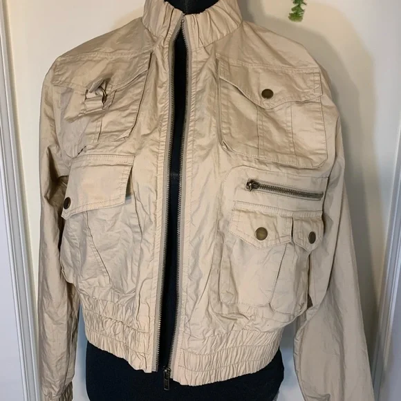 Vintage 725 Beige Bomber Utility Cropped Jacket Size Large - Picture 5 of 16